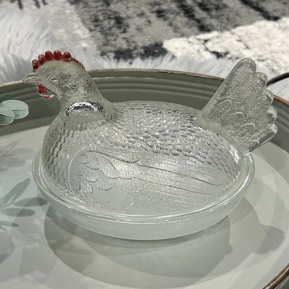 Vintage Clear‎ Hen On A Nest With Red Painted Comb and Wattle - Chicken Decor